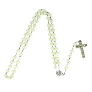 8mm Glow in the Dark Rosary Necklace Jesus Christ for Cross Pendant Noctilucent Long Chain Catholicism Fashion Jewelry