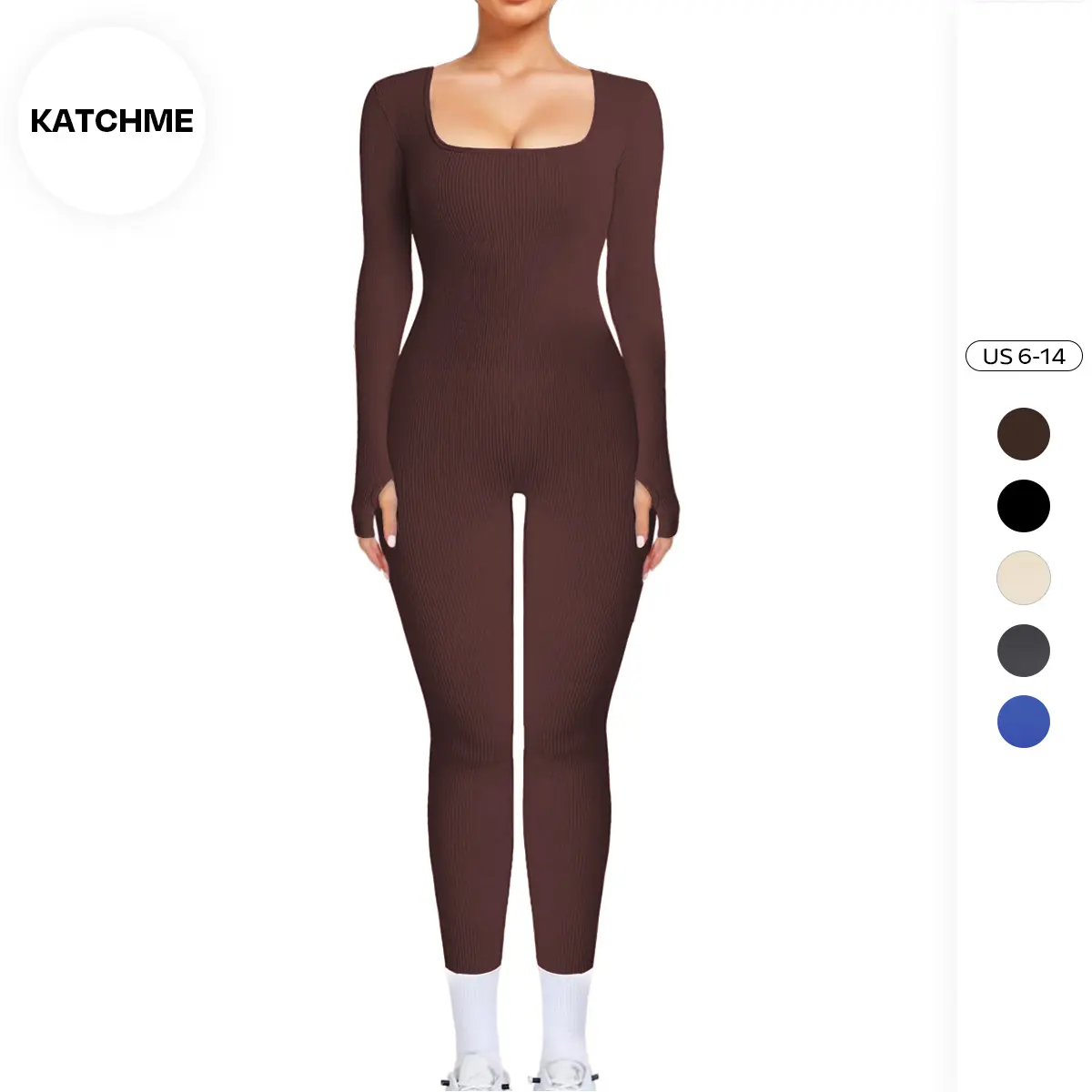 KatchMe Workout Solid Color U Neck Seamless Long Sleeve Yoga Jumpsuit, Jumpsuit for Daily Outdoor Wear, Athletic Plain Thumb Holes Sportswear