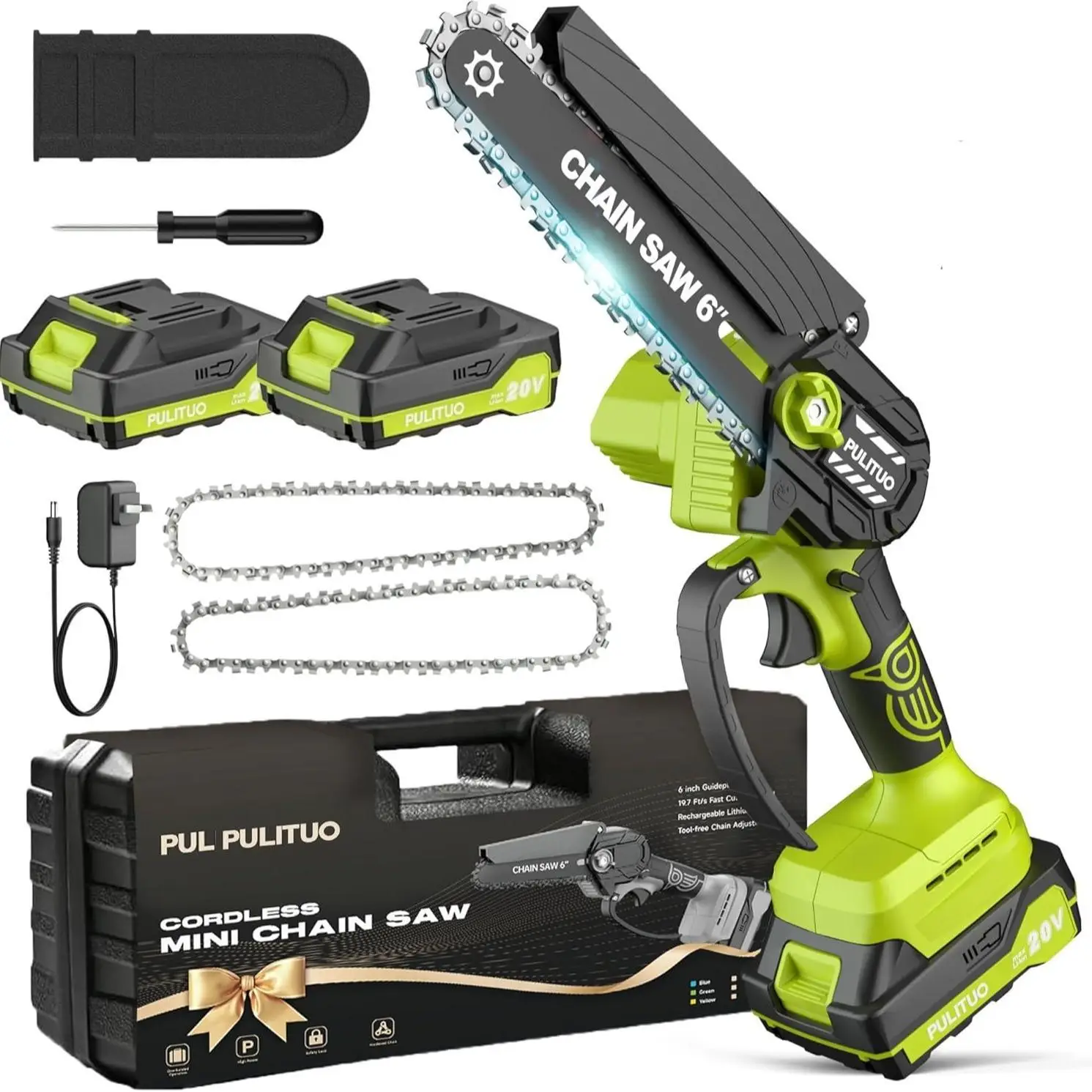 PULITUO Mini Chainsaw Cordless 6-Inch, Battery Powered, Lightweight Handheld Electric Saw for Tree Trimming, Wood Cutting, Pruning, Gardening Gift