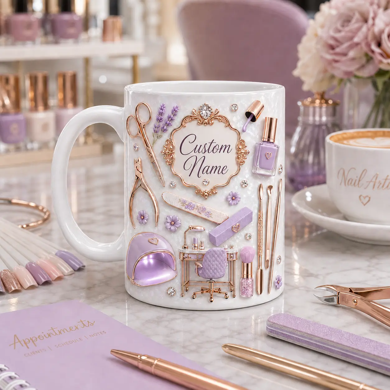 Nail Artist Lavender Rose Gold Ceramic Coffee Mug, Faux 3D Effect Mug, Personalized Nail Tech Gift, Beauty Salon Gift Drinkware Glass