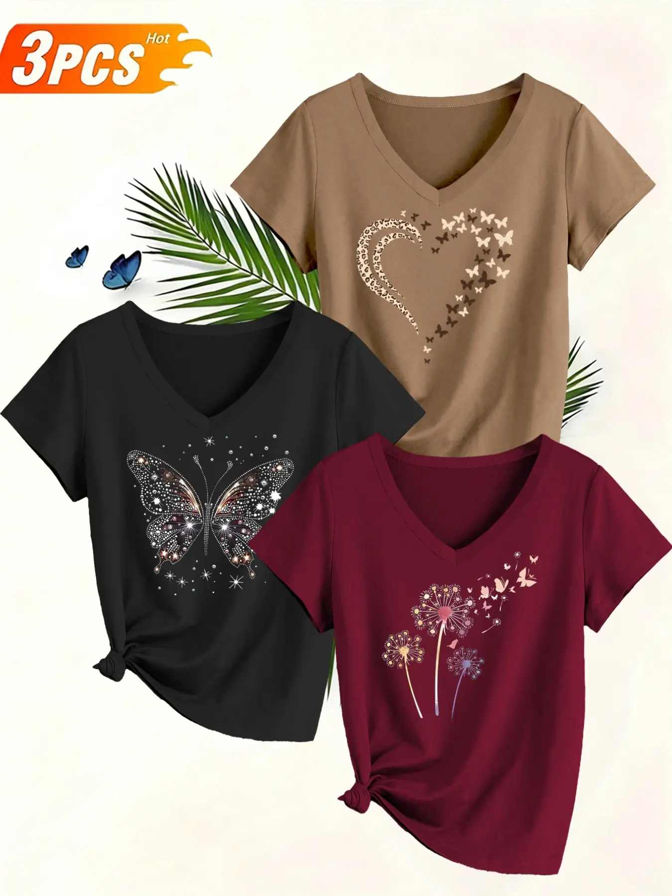 Women's 3-Pack V-Neck Short-Sleeve Summer Fit T-Shirts, Fashion Casual Leopard Heart, Butterfly and Daisy Print Top, Soft Comfortable Fabric