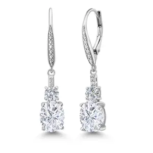 Gem Stone King 2-5 Cttw Oval Gemstone Birthstone and Lab Grown Diamond Drop Dangle Leverback Earrings for Women | 925 Sterling Silver | Oval 9X7MM Round 4MM and 1MM Accents