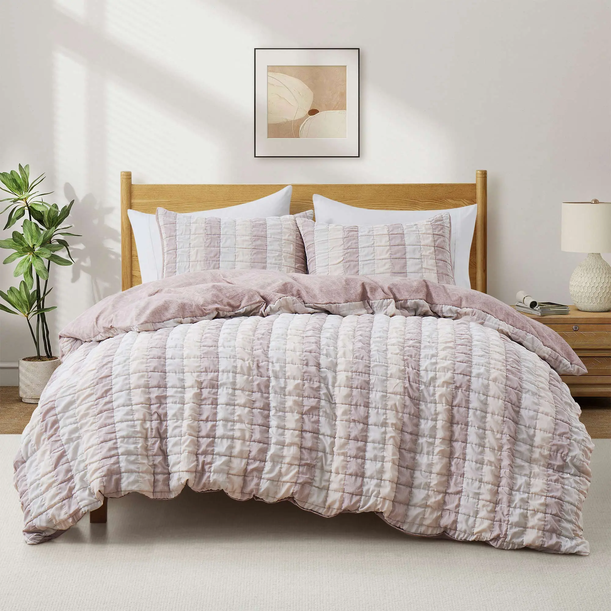 PEACE NEST Pink Checkered Duvet Cover Set, Puffy Quilted Comforter Cover with Pillow Shams, Soft Textured Bedding with Zipper & Corner Ties, Machine Washable