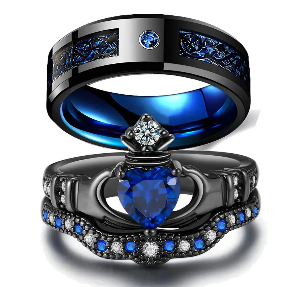 Blue Heart Couple Rings Set for Him and Her, Matching Promise Rings, Stainless Steel Celtic Dragon Band & Crown Engagement Ring, Romantic Anniversary Gift