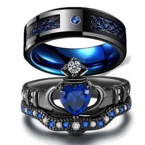 Blue Heart Couple Rings Set for Him and Her, Matching Promise Rings, Stainless Steel Celtic Dragon Band & Crown Engagement Ring, Romantic Anniversary Gift