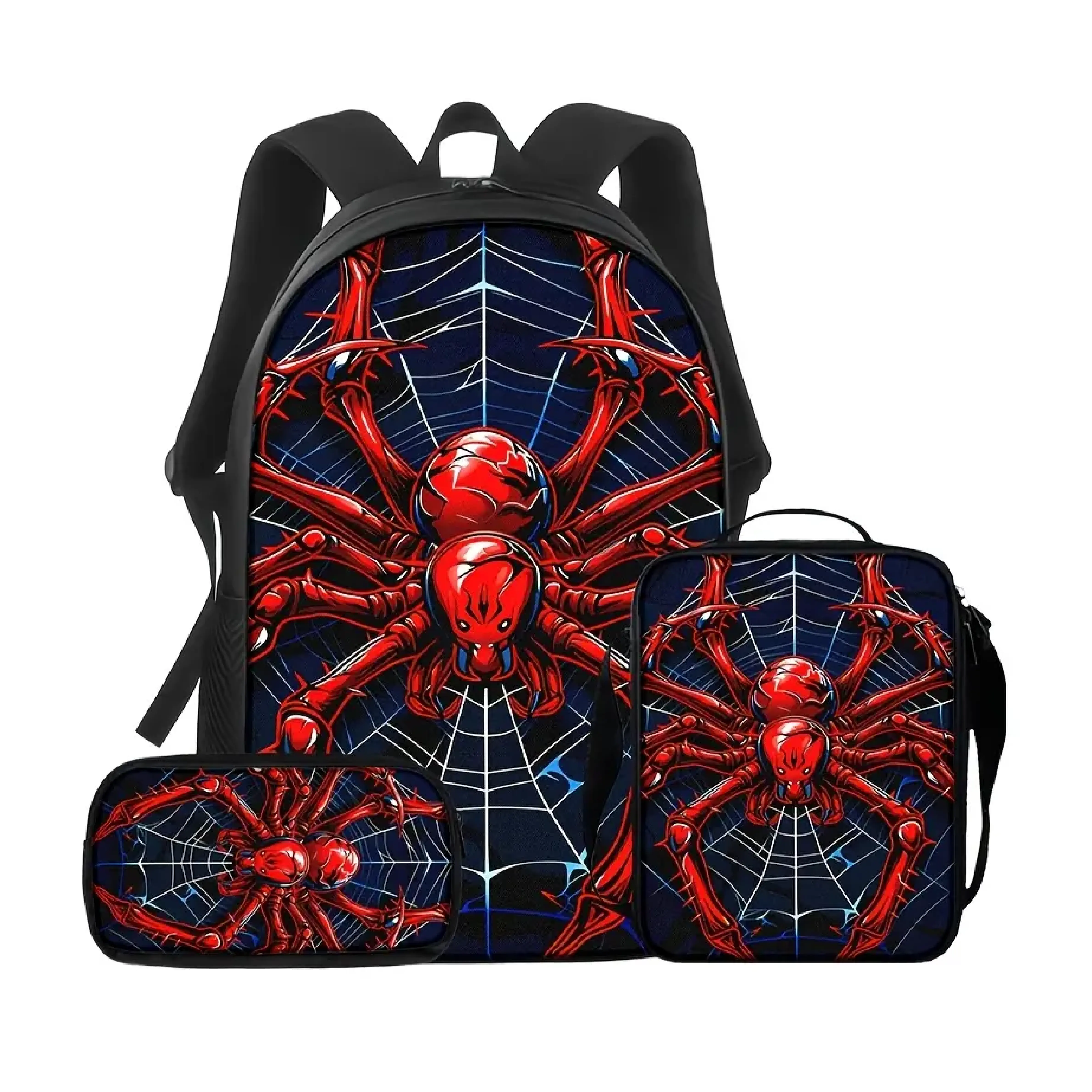 3-Piece Spider Web Storage Bag Set, Oxford Cloth Backpack, Lunch Bag & Pencil Case, Lightweight Organizer Set for School, Travel and Everyday Carry, Kids & Teens