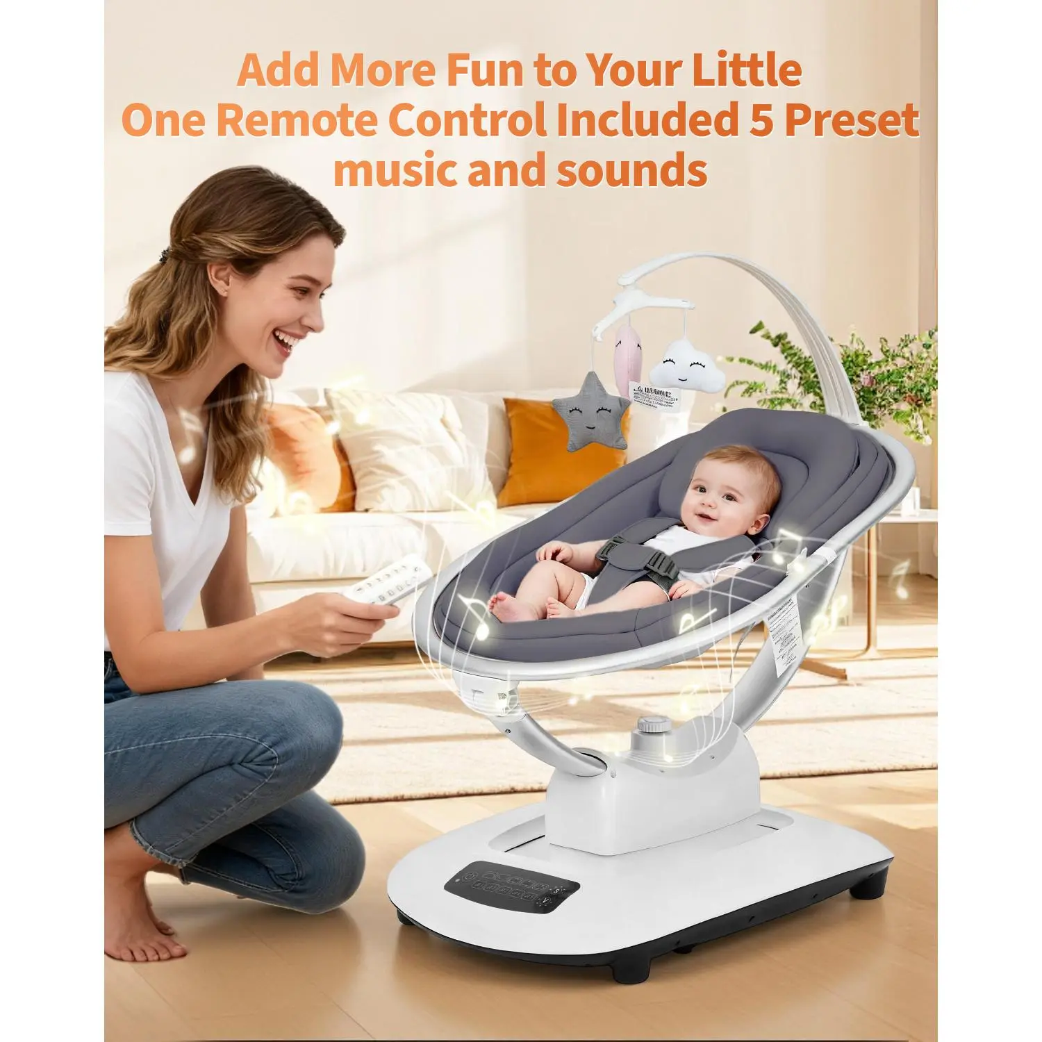 GARVEE Adjustable Soft Lounge Swing Set for Infants, Electric Baby Furniture with Soothing Motions, Adjustable Speed Levels, Remote Control, Reclining Seat, 5-Point Harness, Preset Music & Sounds for Sleep & Sensory Support, Adjustable Swing Set