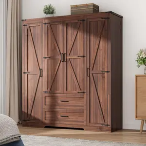 2 Door/3 Door/4 Door Wardrobe Armoire Closet with Doors and Drawers, Farmhouse Wooden Armoire Storage Cabinet with Shelves & Hanging Rod for Bedroom, Brown/white Furniture Modern