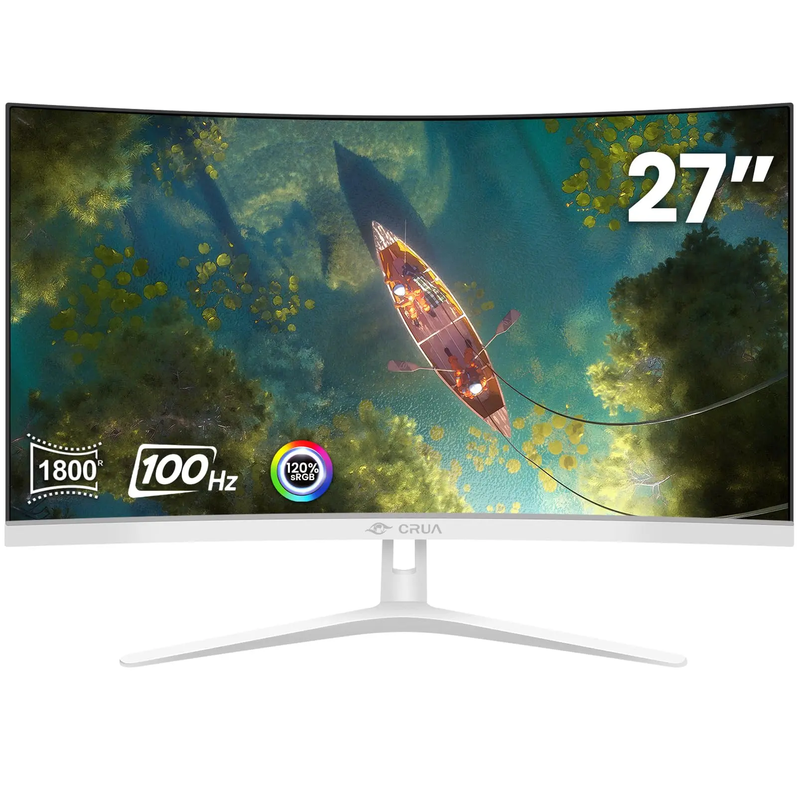 CRUA 27-Inch FHD 100Hz White Curved Desktop Monitor, 1800R VA Panel PC Computer Monitor, Frameless, 120% sRGB, Blue Light Filter, Flicker-Free, HDMI 1.4, VGA, Tilt Stand, 100x100 Mount, Home Office, Casual Gaming