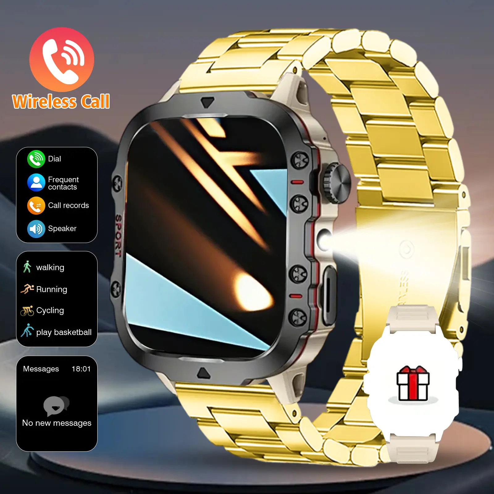 The smartwatch is equipped with a full touch screen, supports wireless calling and message reminders, multiple sports modes, remote control for taking photos and playing music, and is compatible with iPhone and Android devices, Smartwatch with calls