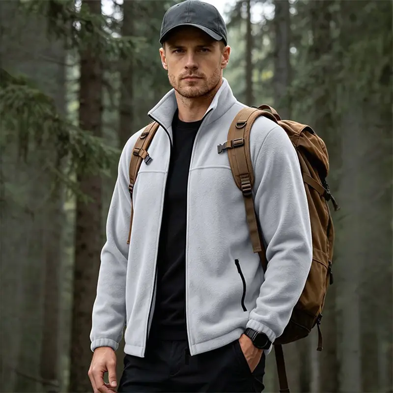 Menswear Men’s Outdoor Stand Collar Full-Zip Fleece Coat, Solid Color, Thick Fleece Lining for Warmth, Zippered Pockets, Windproof Design with Tapered Cuffs, Suitable for Hiking, Camping, Coats