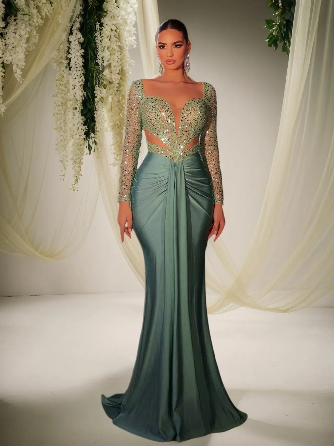 Elegant Sequined Patchwork Mermaid Womenswear Maxi Dress, V Neck Long Sleeve Formal Wear Evening Gown Party Prom Gown, Perfect for Proms, Carpet, High-End Social Events Fit