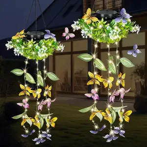 Solar Hanging Garden Lights Set of 2, Artificial Butterfly and Flower LED Fairy String Lights, Ip65 Waterproof Outdoor Holiday Decor, Solar Patio Lights
