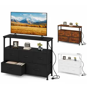 Modern 5-Fabric-Drawer TV Stand Dresser Media Console Table with Open Storage Shelf Perfect for TV and Entertainment