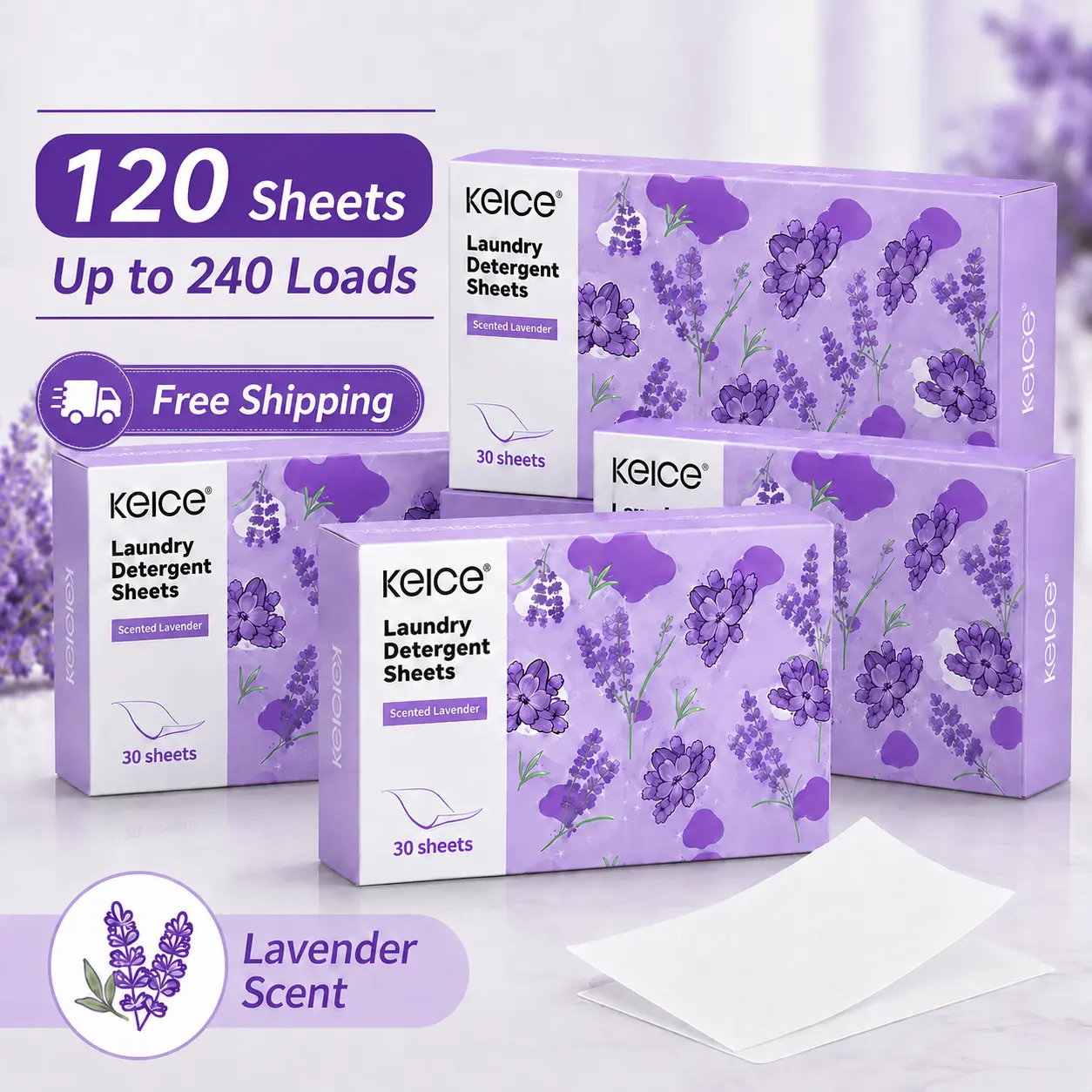 KEICE Scented Compact Multi-Purpose Household Laundry Fabric Care Sheets, 4 Boxes (120 Total Sheets), Up to 240 Loads, Fast-Dissolving, for Clothes & Blankets