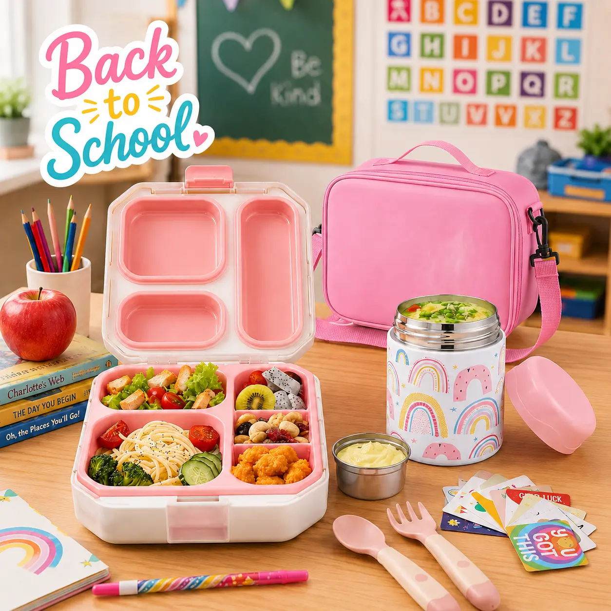 [Back To School] wiwens Bento Lunch Box for Kids with 12oz Soup Thermo Leak-Proof Lunch Food  with 5 Compartment Thermo Hot Food Jar and Insulated Lunch Bag for Kid Toddler Girls Boys to School microwavable portable dinner preschool