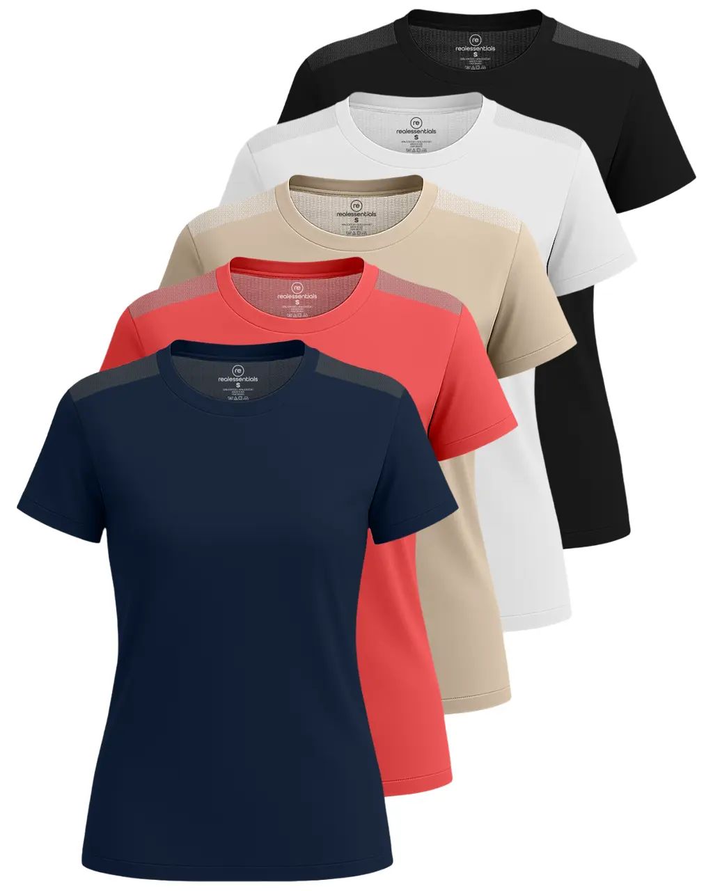Real Essentials 5 Pack: Women's Short Sleeve Mesh Insert T-Shirts Athletic Tops Gym Workout Yoga Tennis Activewear (Plus)