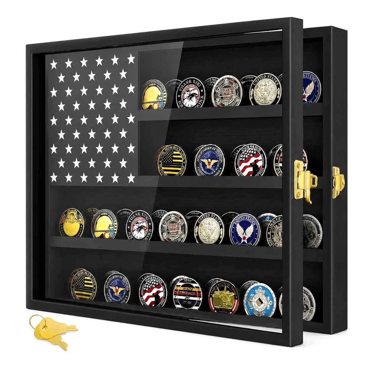 Showcase Your Pride with this American Flag Challenge Coin Display Case! Wooden Military Shadow Box with UV Acrylic Door Holds 45+ Medals & Tokens. Perfect Desk Organizer or Wall Mounted Decor for Home, Office, Study Room & Veteran Gifts