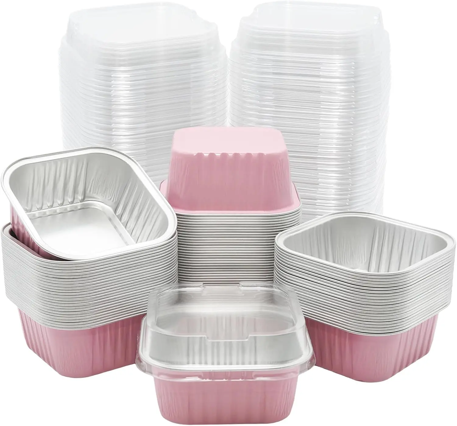 30 Pack Pink Square Aluminum Disposable Baking Cups (5oz/150ml) with Plastic Lids, Individual Kitchen Supplies Bakeware for Sales Parties, Picnics
