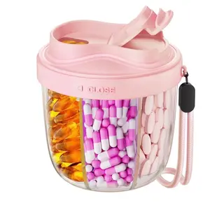 Cute Pill Organizer, Pill Dispenser with 7 Large Compartments, Portable Pill Bottle Box with Wide Opening for Easy Use, Anti-Mix Pills Organizer for Travel, Includes 20 Pcs Sticky Labels Portable Handle Medicine Storage Box Airtight