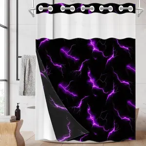 1pc hookless shower curtain, Bathroom shower curtain, with buckle lining, purple and black lightning geometric pattern design, 2D flat printing, fabric waterproof lining, see-through double-layer, 71 x 74 inches