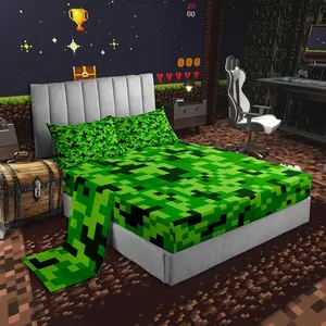 Green Pixelated Miners Gamer Bedding Set,Video Games Bed Sheets for Kids Boys Girls Teens Room Decor,Cartoon Gamepad Fitted Sheet Modern Geometric Check Top Flat Sheet