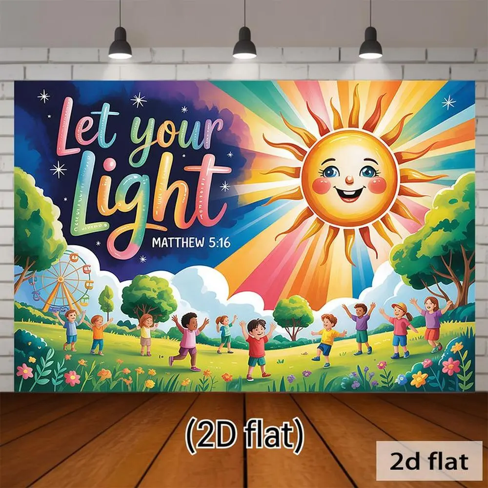 2D Flat Banner HD Printed Polyester Photography Background Cloth, Soft Lightweight Foldable Backdrop with Bright Cartoon Sun, Playing, botanical Landscape, and "Let Your Light Matthew 5:16" Text for Party Decor, Photo Booth, Portr
