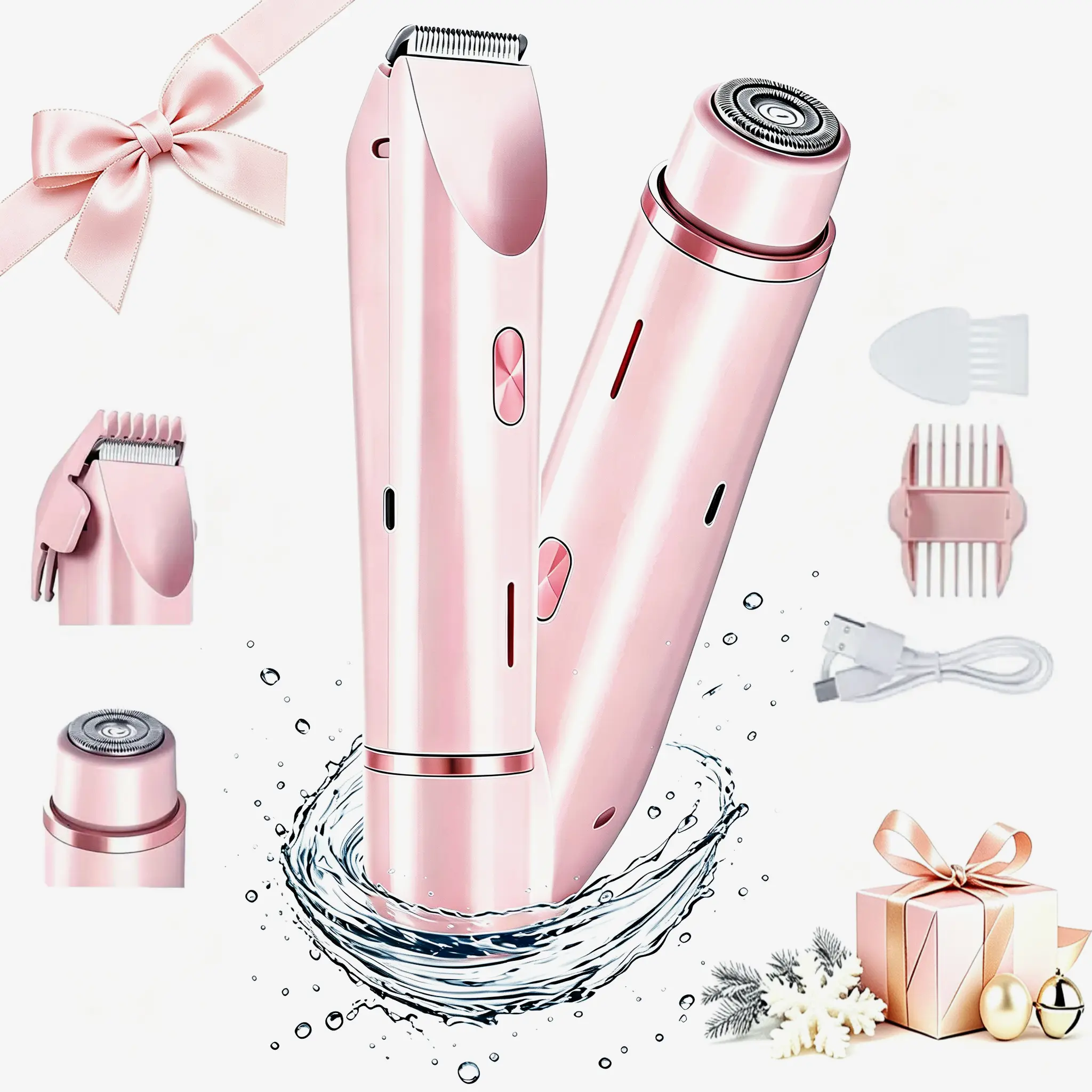Women's Rechargeable 2-in-1 Bikini Trimmer & Electric Shaver - Body & Face Epilator with Dual Stainless Steel Heads, IPX7 Water Resistance, Pain-Free Cut for Pubic Hair, Underarms, Legs, Summer Gift for Friends