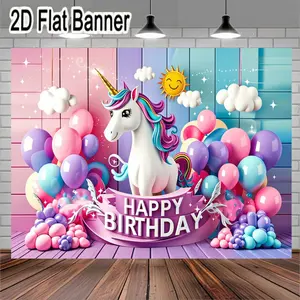 2D flat banner, 1pcHappy Birthday Unicorn Theme Decoration Set with Colorful Balloons, Festive Purple Banner Featuring Bold White Letters, Vibrant Cartoon-Style Design, Perfect for Birthday Celebrations and Parties