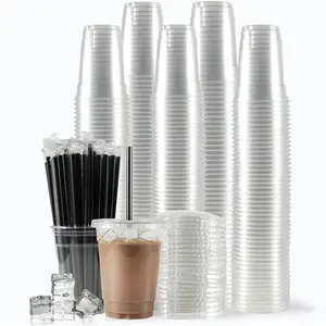 Limited time Deal-100 Sets - 12oz Plastic Cups with Lids and Straws, Disposable Cups for Iced Coffee, Smoothie, Milkshake, Cold Drinks - Clear