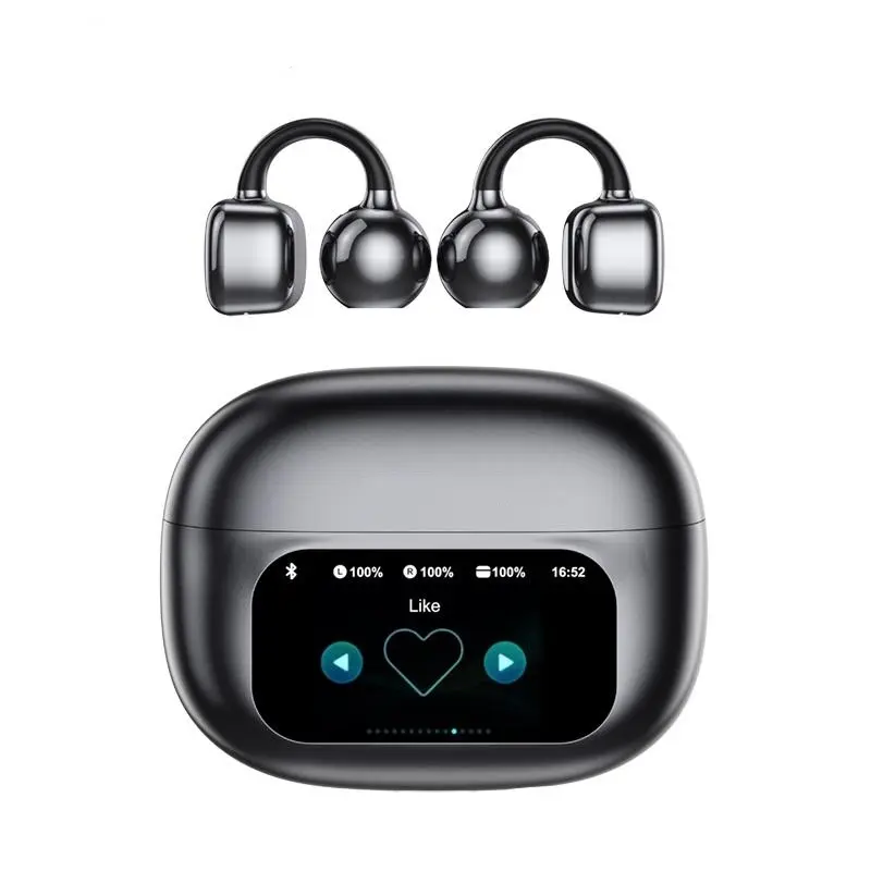 C02 Clip-On Wireless Headphones with Bluetooth 5.4 Full-Color Touch Screen Electronic Audio Earbud Headset for Music & Phone Calls