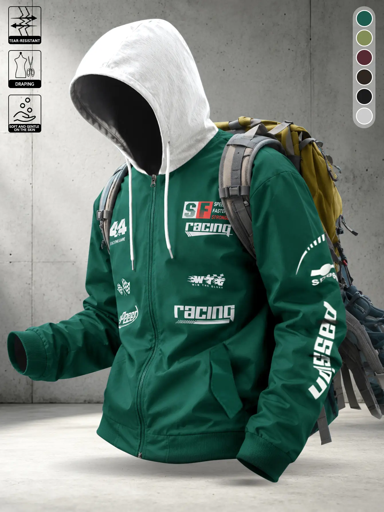 Men’s racing-style printed jacket, American hooded outerwear, unisex streetwear brand windbreaker, available in multiple colors