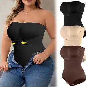 Women's Plus Size  Bodysuit, Strapless Bandeau Style Corset Waist & Tummy Shaping One-Piece Shapewear With Removable Straps, Lady Basic Comfort Farbic Underwear Womenswear, Plus Size Clothing
