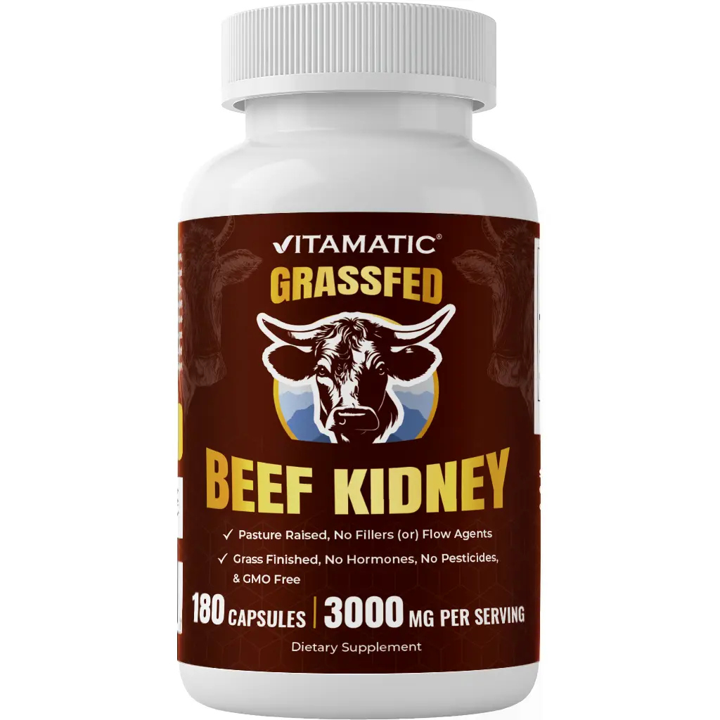 Vitamatic Natural Grass-Fed Beef Kidney & Liver Glandular Vitamin Capsule - 180 Freeze-Dried Caps, 3000 MG per Serving, Sugar-Free, Non-GMO, Pasture-Raised, Iron-Rich, Made in USA, Supports Healthcare & Brain Function