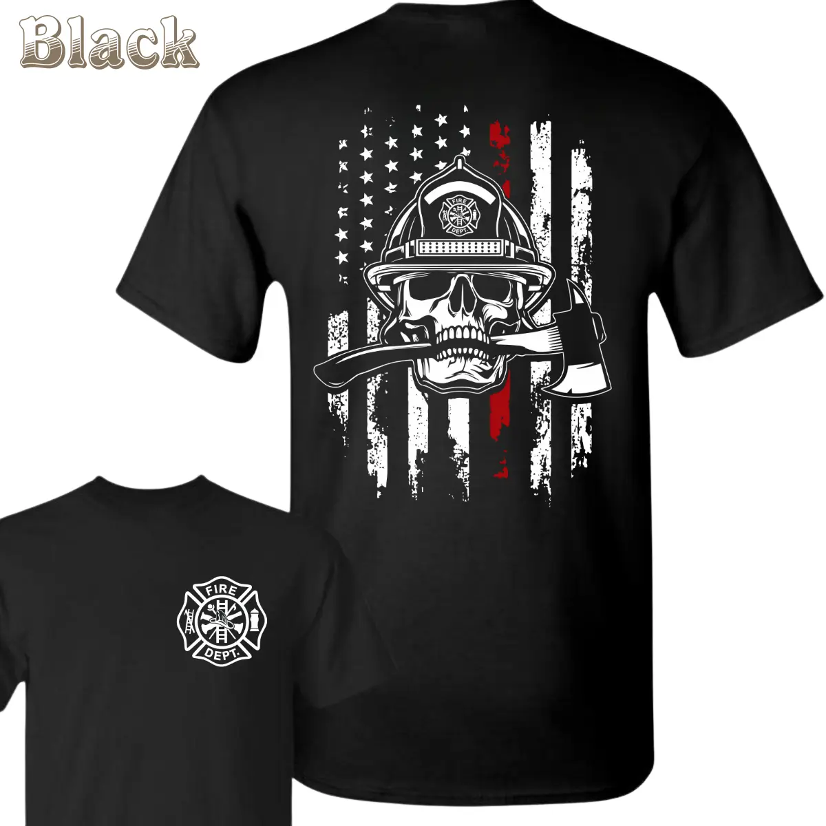 Firefighter Skull T-Shirt - Skull In Fire Helmet Biting Axe With Distressed American Flag Back Graphic , Fire Dept Chest Badge Print , Patriotic First Responder Theme , Daily Casual Wear , Graphic Tee , Soft Cotton Gift For Firefighters Menswear Casual