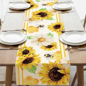 1 PC, Spring And Summer Sunflower Table Runner, Autumn Daisy With Bumblebee Hive Kitchen Decoration, Floral Hive Country-Style Indoor And Outdoor Home Décor Party