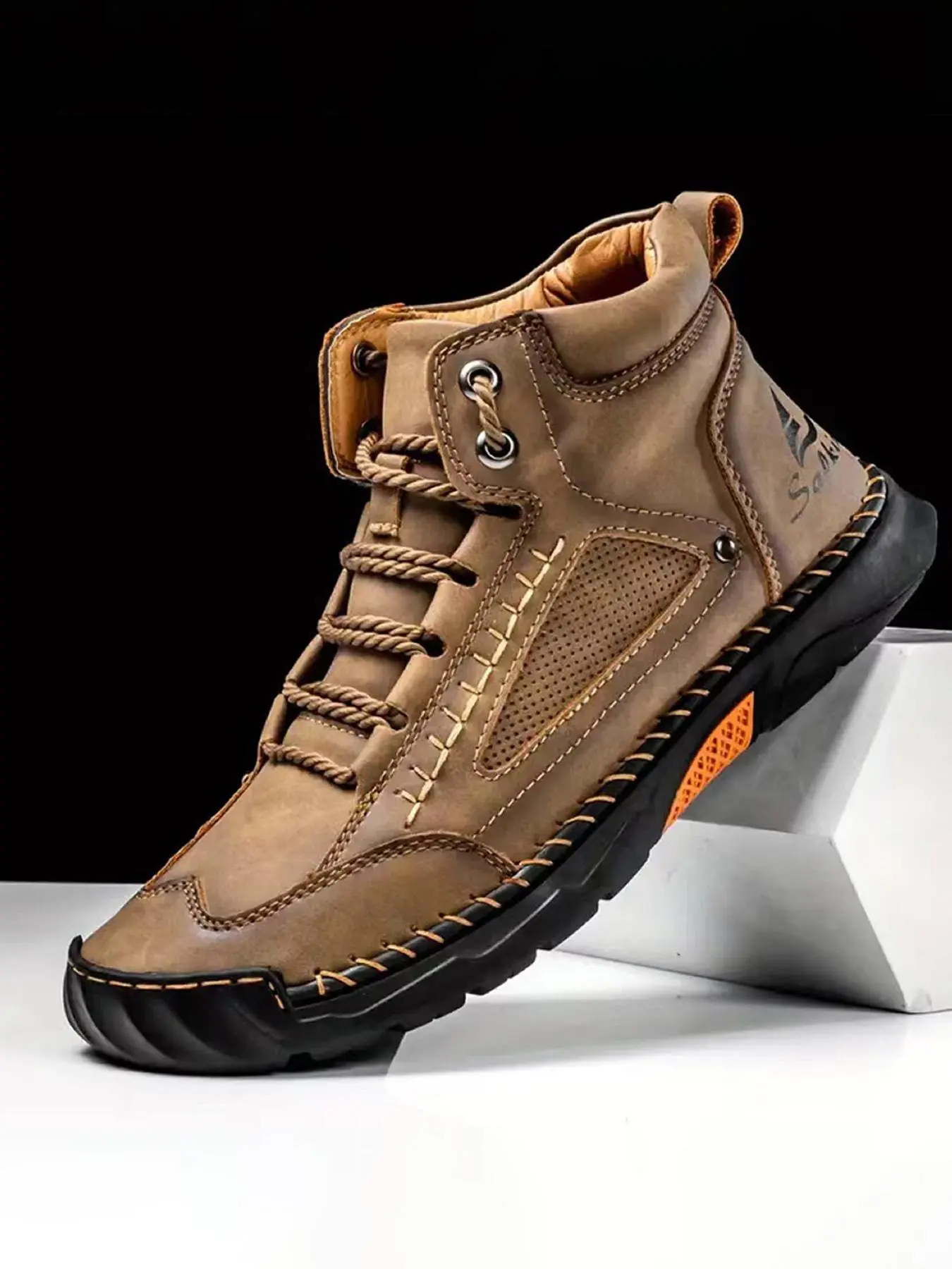 Men's Solid High-Top PU Leather Outdoor Lightweight Hiking Boots, Casual Comfortable Anti-Slip & Wear-Resistant Lace Up Flat Outdoor Sports Boots, Fashionable Boots for Outdoor Activities, Trekking Shoes, Durable Outdoor Hiking, Hiking Style Shoes