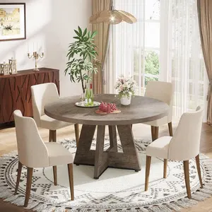 LITTLE TREE Round Dining Table for 4-6 People, 47 Inches Dining Room Table with Wooden Pedestal Base, Grey Dinner Tables, Circle Kitchen Tables for Dining Room, Kitchen, Living Room