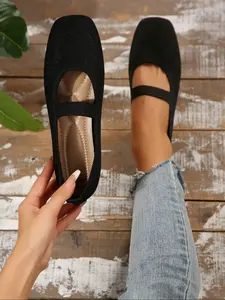Women's Square Toe Shape Knit Mary Jane Shoes, Plain Design, Elastic Back Strap, Slip-On Comfort, Casual Commute, All Seasons, Walking Shoes, Flat