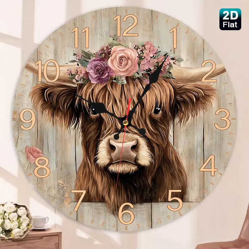2D Flat Single-Piece Glass Wall Clock - Cute Bull Wearing a Floral Crown, Suitable for Baby Room, Bathroom, Entryway, Home Office - Country Style Art, Silent Operation, Soft Colors - Perfect as a Father's Day Gift - Battery Powered (AA batteries not inclu