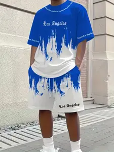 Men's 2-Piece Set, Casual Short Sleeve Tee & Shorts, Los Angeles Letter Print, Comfortable Summer, Fitted Above Knee Style