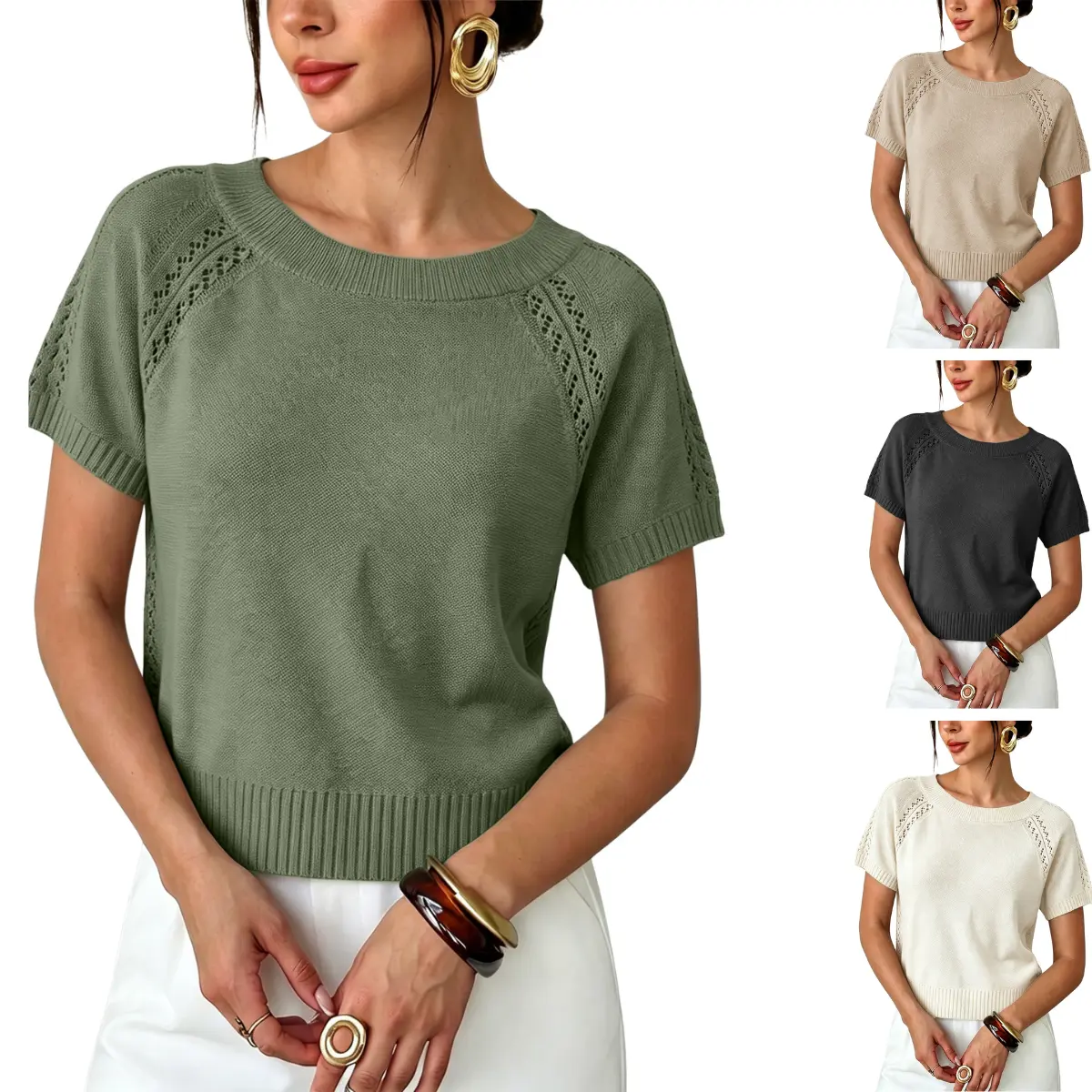 Yeokou Women's Crochet-Knitted Short-Sleeve Crew Neck Loose-Fit Pullover - Comfortable, Cozy, Soft Knitted Women's Tops for Summer Fall Fashion, Comfortable Women's Pullovers, Cozy Women's Pullovers