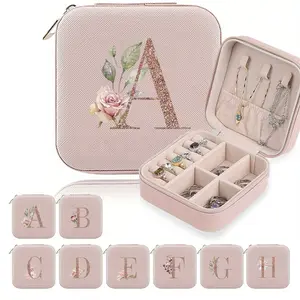 1pc Jewelry Box,  26 Letters Design, Women's Jewelry Box, Bridesmaid Jewelry Box,, Girls Jewellery Case, Jewellery Ring Box, Travel Jewelry Box ,  Beige Travel Case with Zipper Closure & Fabric Lining, Perfect Bridesmaid Proposal Gift or Couple’s Keepsake