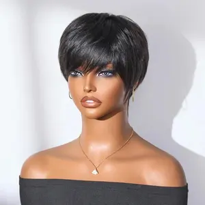 Throw On Go Natural Black Pixie Cut with Swept Diagonal Bangs Glueless Machine Made Wig Human Hair
