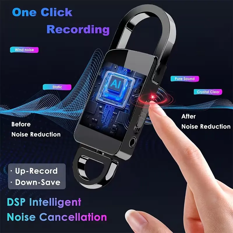 64GB Keychain Voice Recorder, Portable Digital Audio Recorder with One-Button Recording, Noise Reduction, USB Connectivity and Playback, Compact Key Ring Design for Meetings, Lectures and Interviews