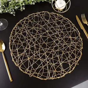6-Pack Table Placemats Woven Fiber Design Gold Round - Disposable Mats for Dining and Events 15"