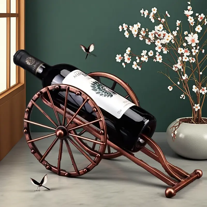 Rustic Cast Iron Antique Vintage-Inspired Standard Cannon-Shaped Single Wine Bottle Holder, Space-Saving Copper Countertop Organizer, Wedding Gift for Entertaining, Vintage-Inspired Design