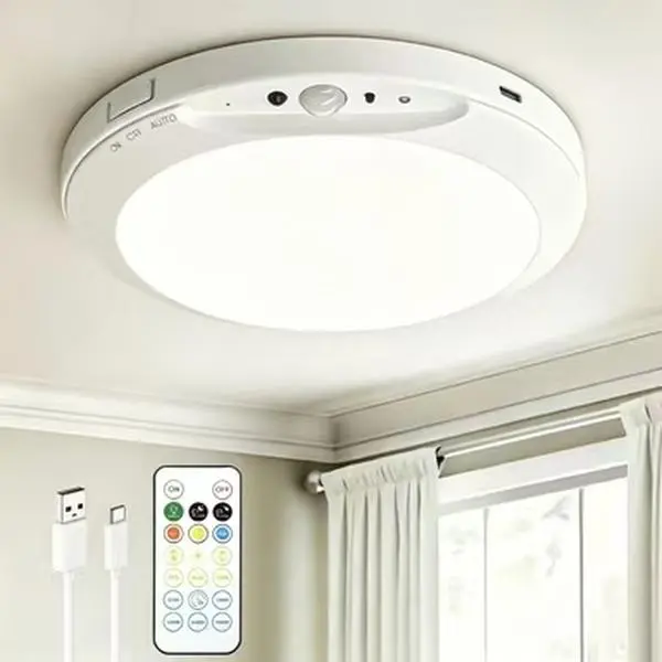 【DealsForYou】Wireless Rechargeable Motion Sensor Ceiling Light, 3-Color Dimmable LED Flush Mount Lamp with Remote & Timer, 8000mAh USB-C Powered No-Drill Installation for Closet, Hallway, LED Lighting Solutions