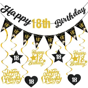 18th Birthday Decorations for Boys, 2008 Happy 18th Birthday Banner, Triangle Flag Banner & Hanging Swirl Streamers, Party Decorations Banners