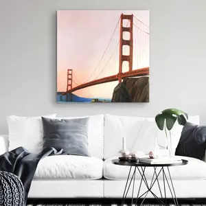 212 MAIN Minimalist Nature Wall Print Photo - 32x32 in. Red Golden Gate Bridge Sunset Poster, Contemporary Home Decor Artwork for Bedroom, Gift-Worthy Home Supply